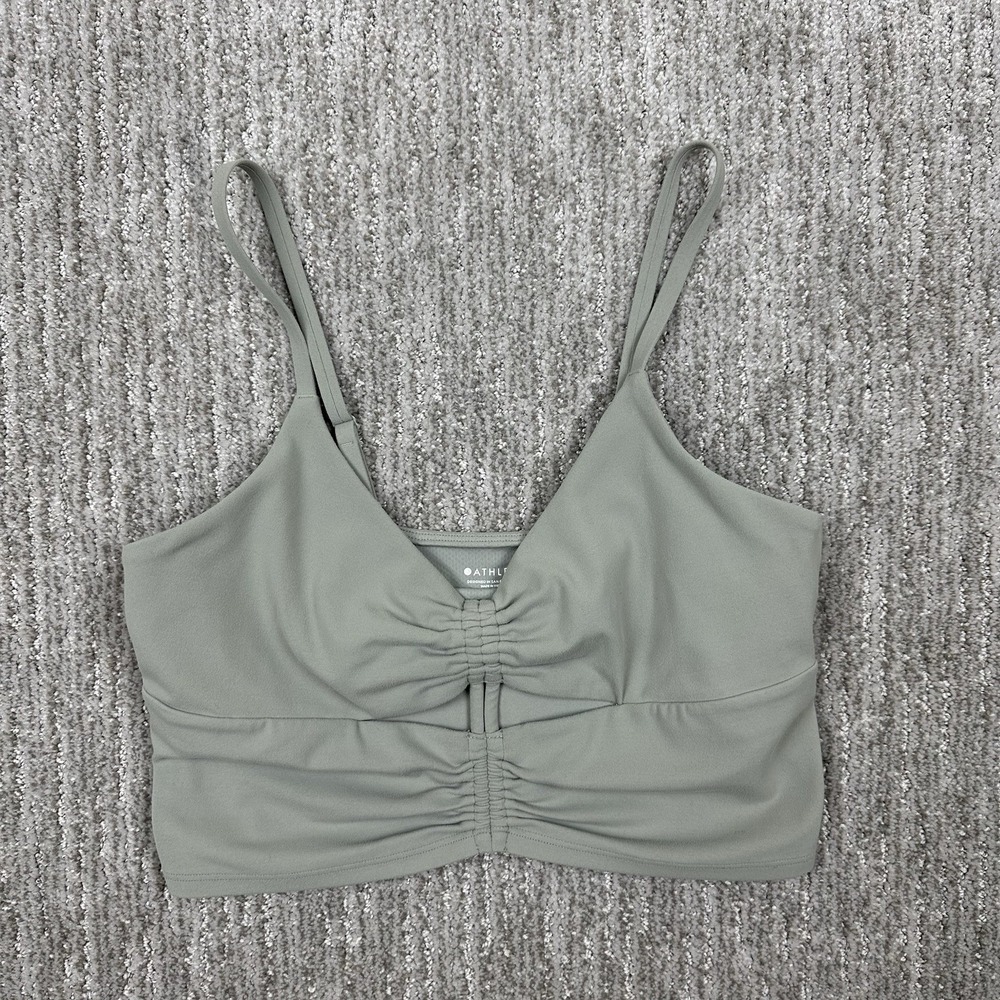Athleta Cinch Longline Bra Womens Small Green Ruched‎ Front Sports Bra Crop Top